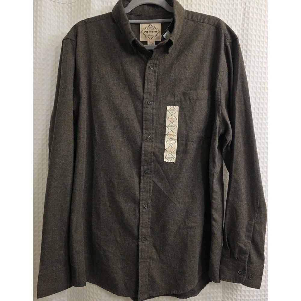 NEW St John's Bay Warm Gray Tweed Cotton Work Shirt Largeโ Pocket Front